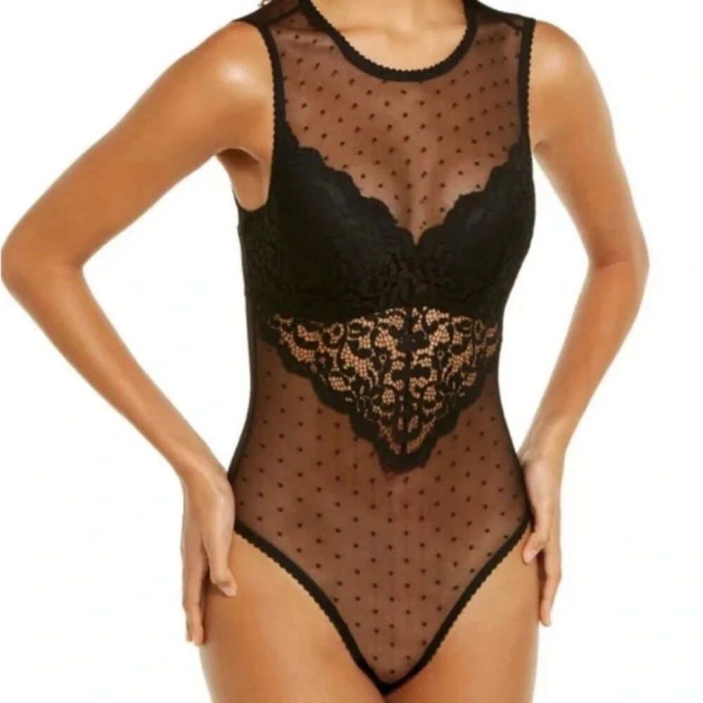INC INTERNATIONAL CONCEPTS Cupped Swiss Dot sheer lace Thong Bodysuit, Medium